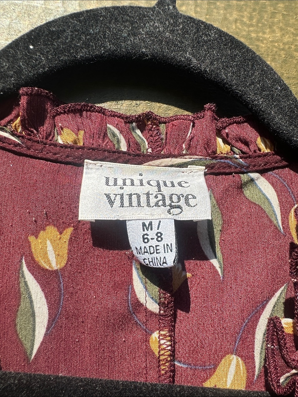 Unique Vintage Burgundy Tulip Ruffle V-Neck Blouse - Picture 3 of 5